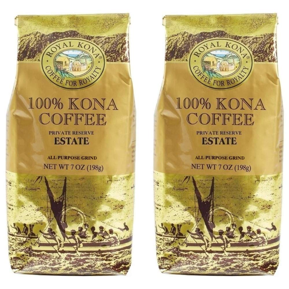 Royal Kona 100% Hawaiian Kona Coffee, Ground, Private Reserve Medium Roast - 7 Ounce Bag (Pack of Two)