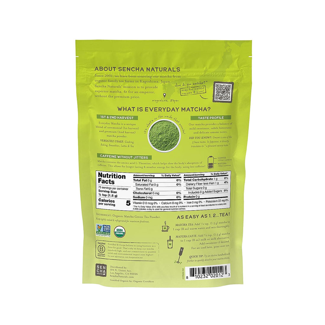 SEN CHA Naturals Organic Everyday Matcha Powder, Authentic Japanese Matcha Green Tea Powder, Premium First & Second Harvest Culinary Grade Organic Matcha Tea, Lattes & Baking, 12oz Bag (1 Pack)