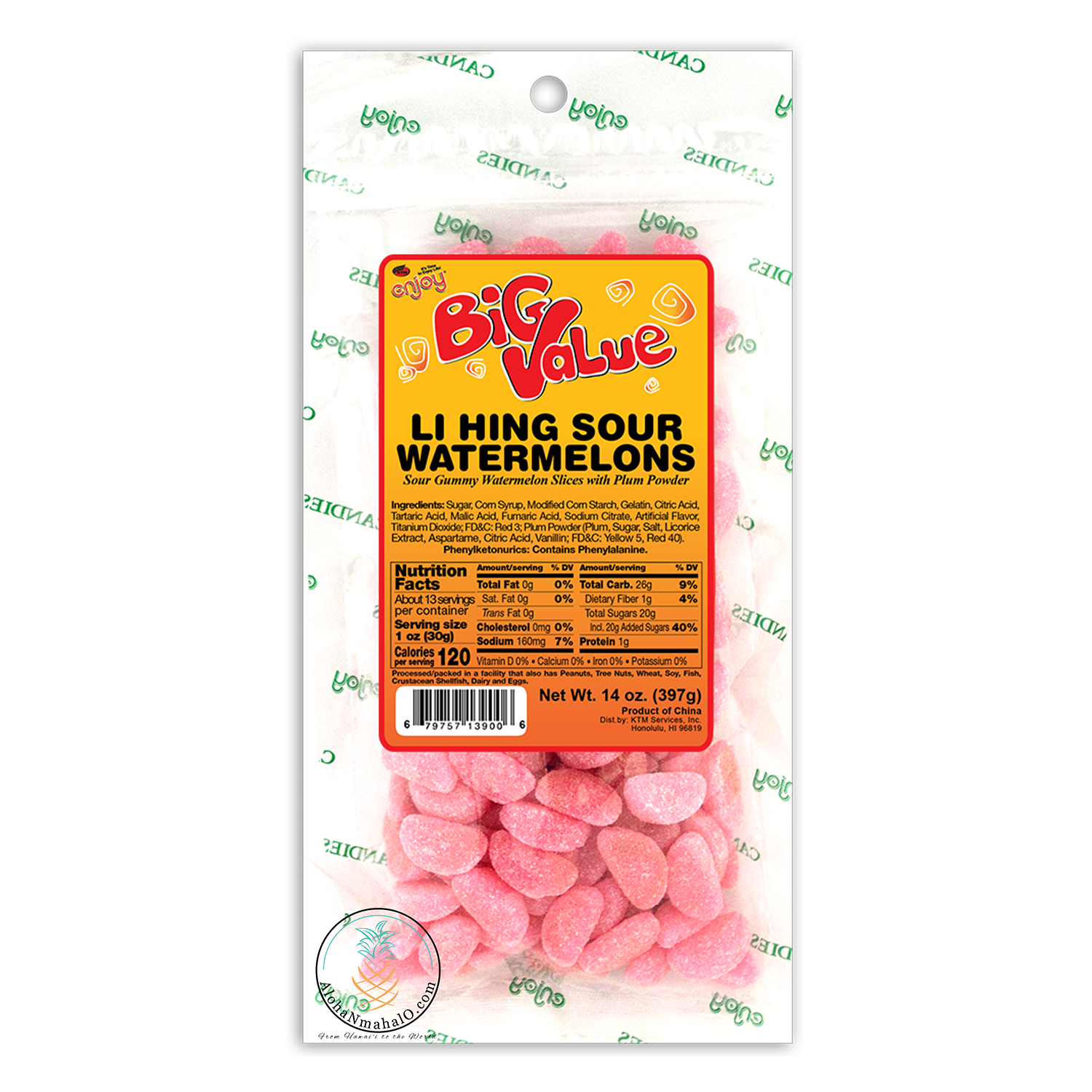 Enjoy Hawaii Li Hing Mui Sour Watermelon Candy 14 oz