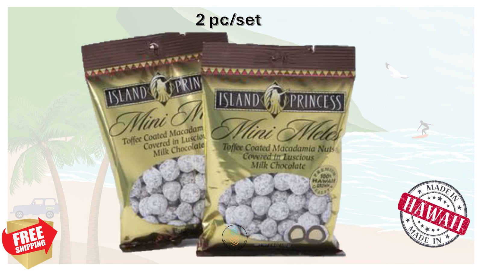 Island Princess Mini Mele Macs - Toffee Coated Macadamia Nuts Covered in Milk Chocolate, 2 Pack Set