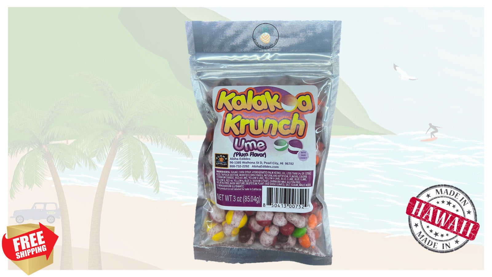 Kalakoa Krunch Tropical Candy Mix - Gluten-Free, Gelatin-Free Bite-Size Sweets from Hawaii - 3 oz Bag (Ume (Plum Flavor), 3 oz)
