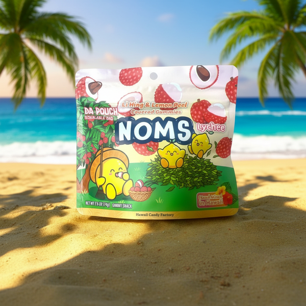 Hawaii Candy Factory NOMS Lychee Gummies - Li Hing Mui & Lemon Peel Covered - 2.6 oz Resealable Bag