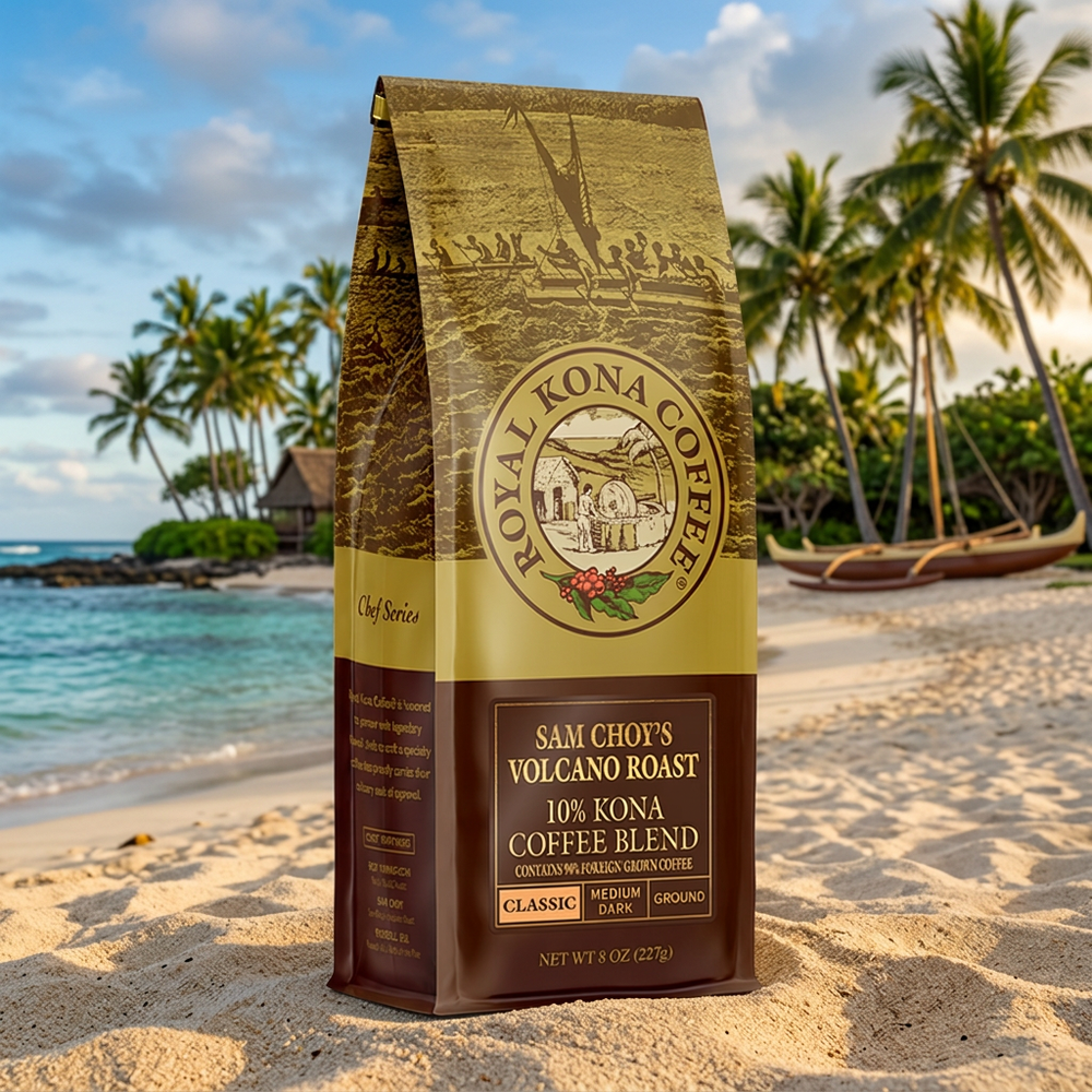 Sam Choys Volcano Roast Kona Coffee Blend, Medium Roast, 10 oz