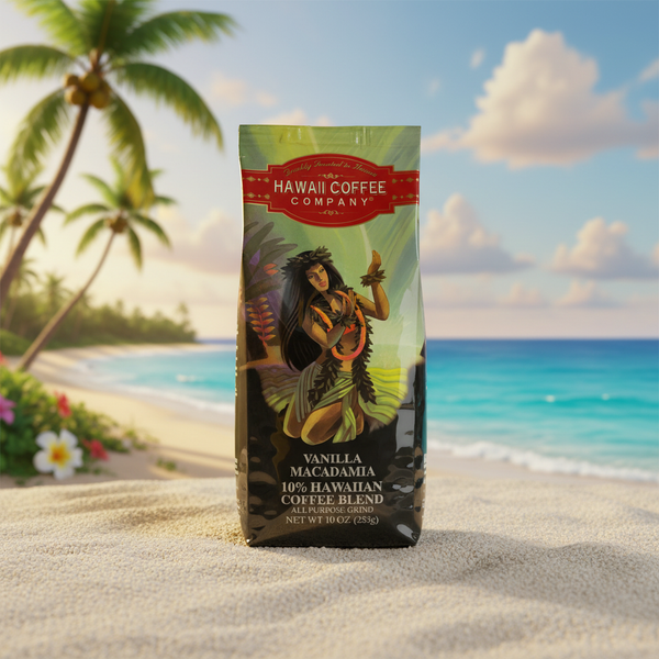 Hawaii Coffee Company 10% Hawaiian Blend — Vanilla Macadamia Ground Coffee (10oz Bag)