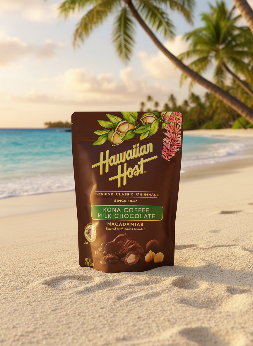 Hawaiian Host Paradise Collection Kona Coffee Milk Chocolate Macadamia Nuts – 8oz Resealable Bag