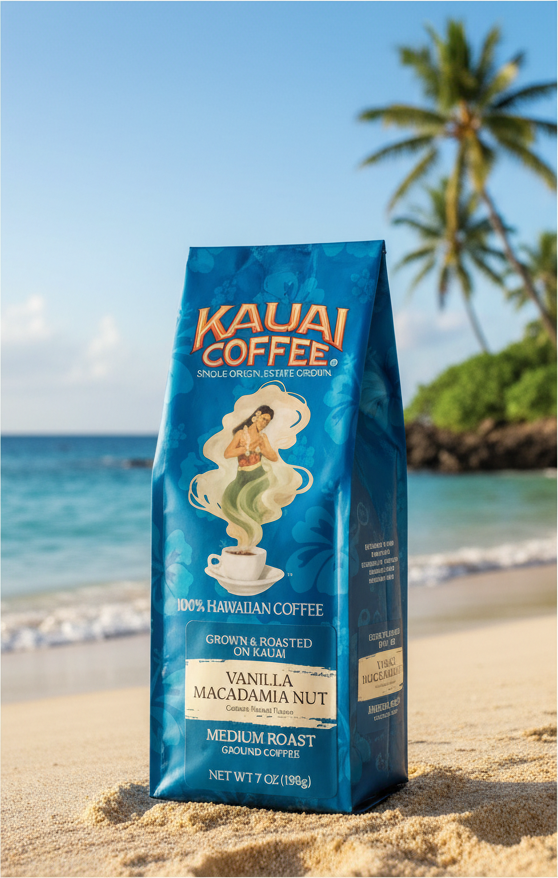 Kauai Coffee Vanilla Macadamia Nut Ground - 100% Hawaiian Premium Arabica - 7 oz Bag