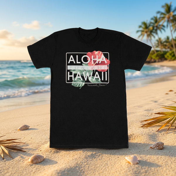 Pualani Women's Hibiscus Crew Neck Tee, Black, Sizes S-XXL