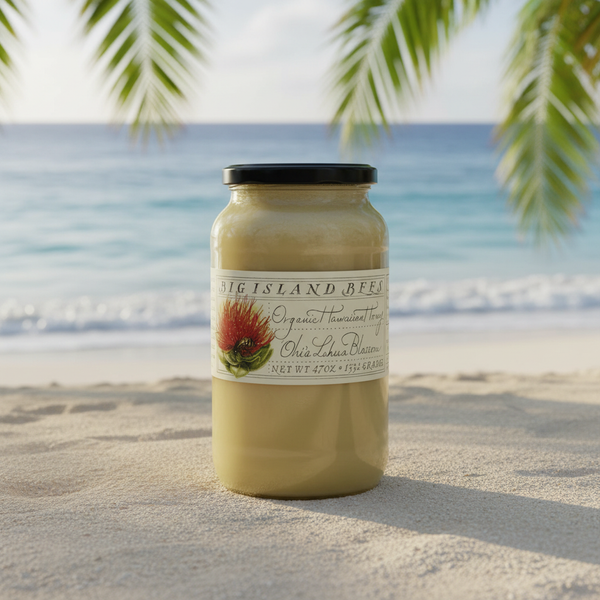 Organic Ohia Lehua Blossom Raw Hawaiian Honey - Single Floral Variety by Big Island Bees - Large 47 oz Glass Jar