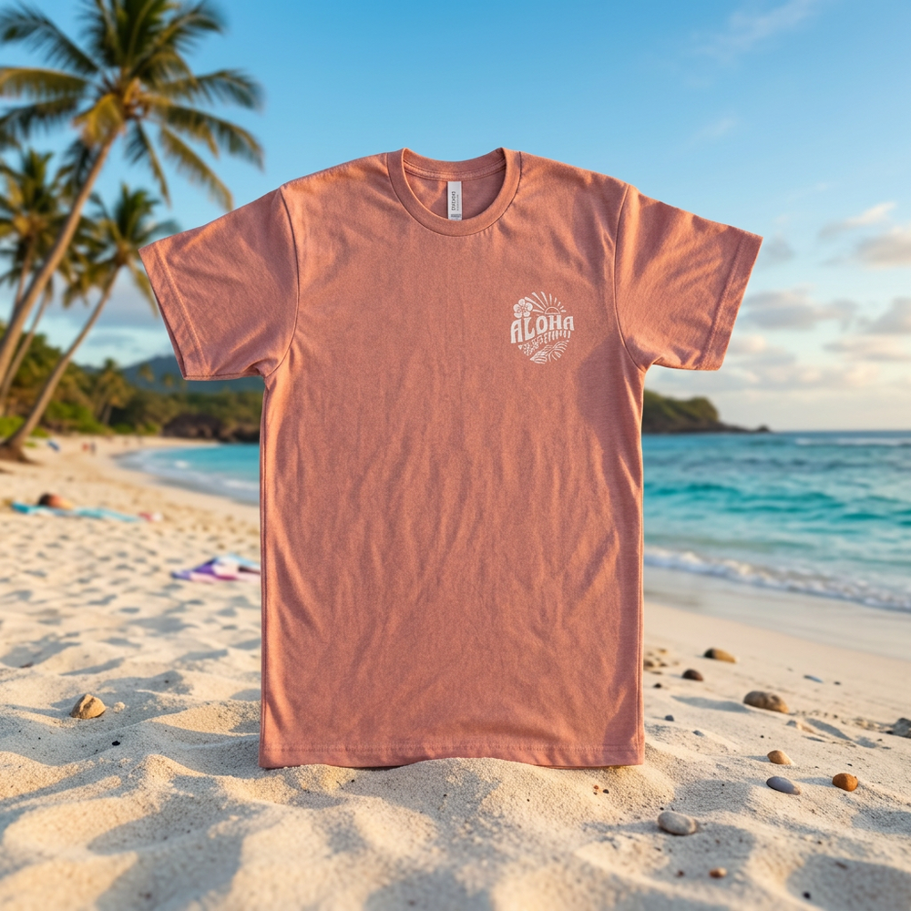 Maui Sunny Aloha Crew Neck Tee, Premium Weight, Dusty Rose S-XXL