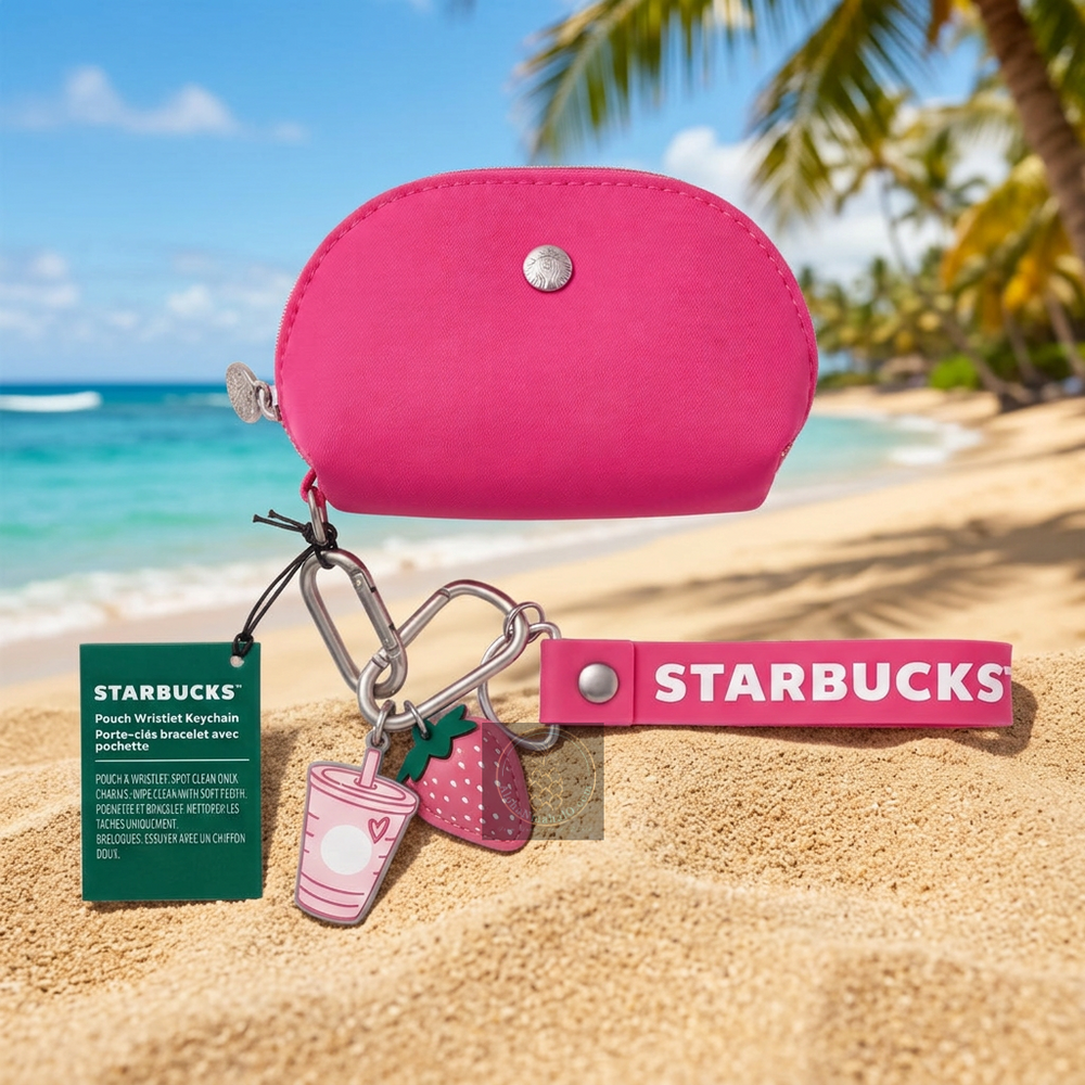 Starbucks 2026 Pink Drink Collection Wristlet Keychain Set – Coin Pouch with Strawberry Charm