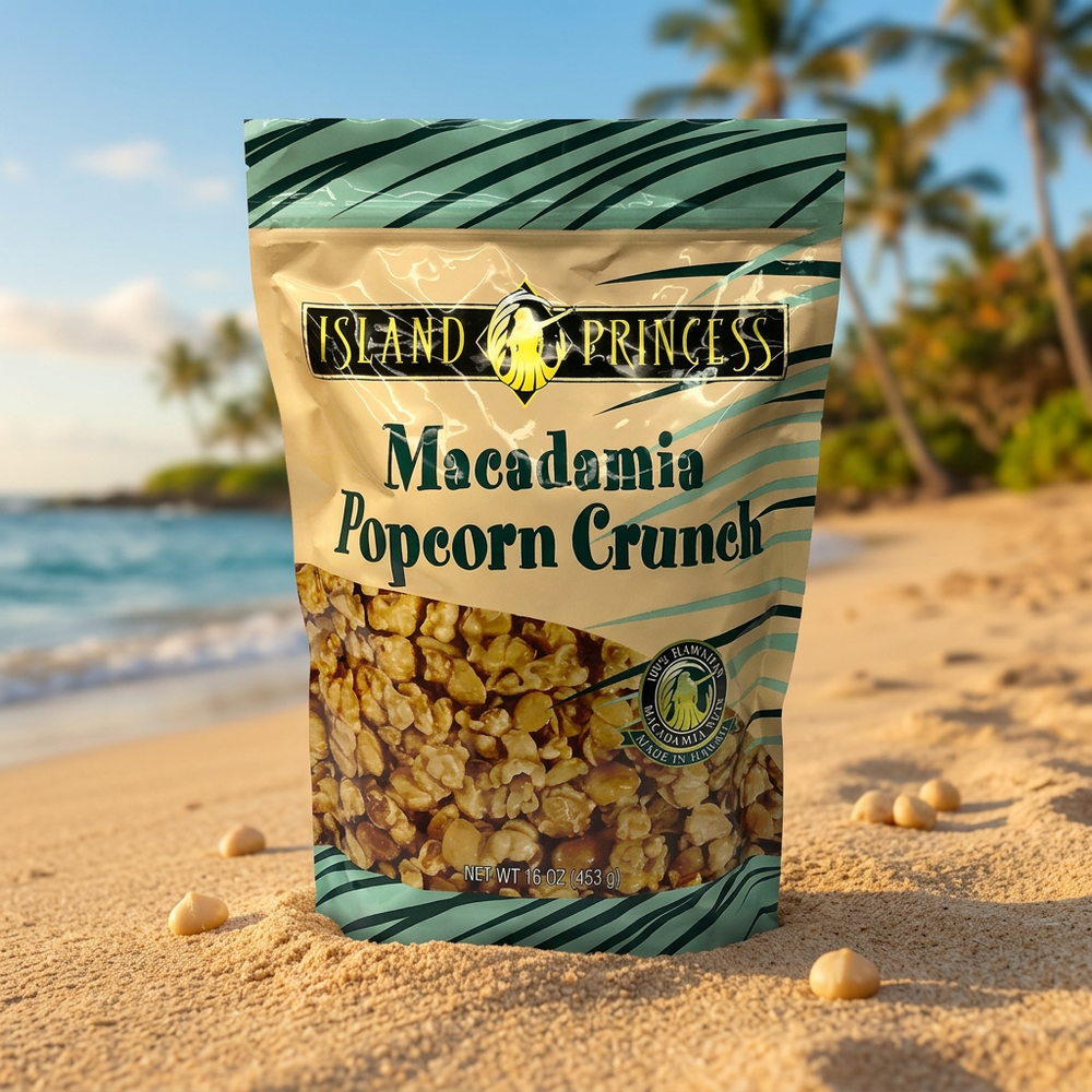 Island Princess Macadamia Nut Popcorn Crunch, Award-Winning Caramel, 16 oz