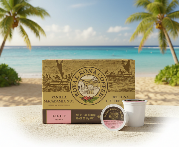 Royal Kona Vanilla Macadamia Coffee Pods - 10% Kona Blend Light Roast - 12 Count Single-Serve K-Cup Compatible