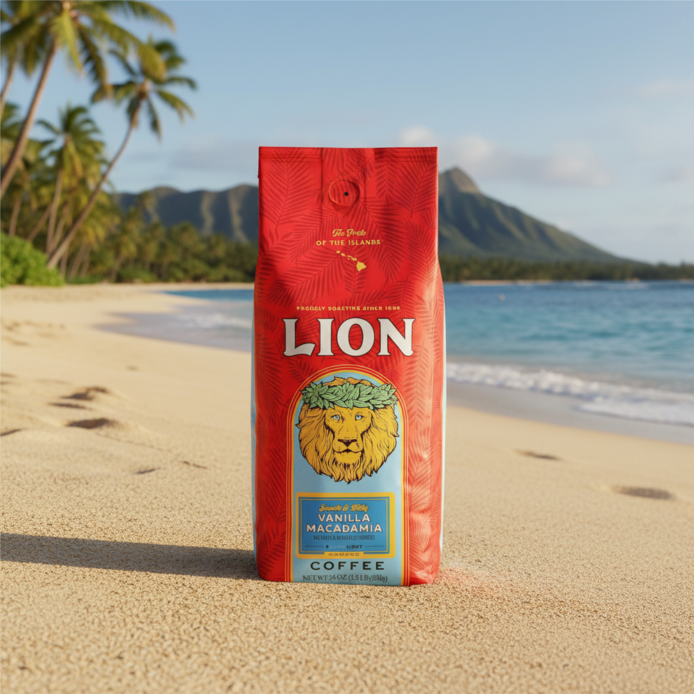 Lion Coffee Vanilla Macadamia Ground Coffee - Premium Light Roast - Authentic Hawaiian Flavor (24 oz Bag)激