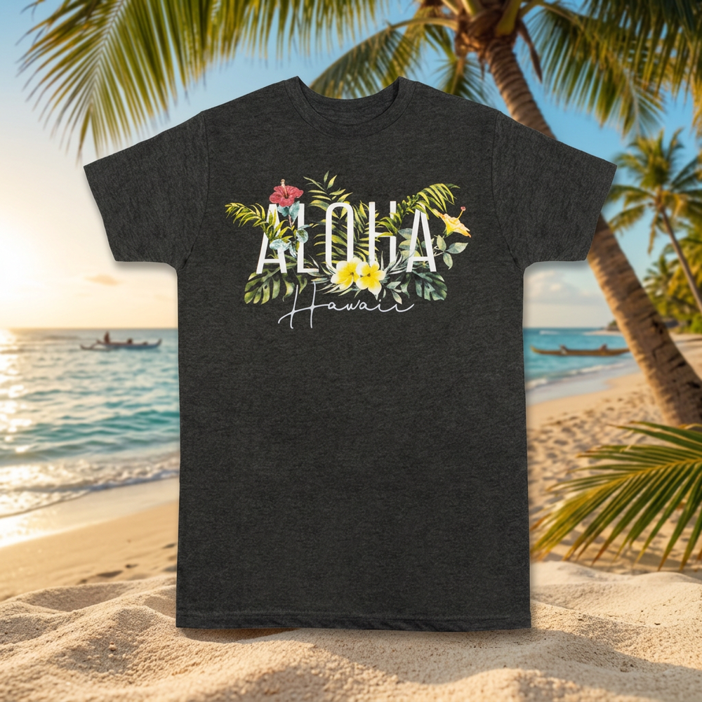 Aloha Hawaii Garden Crew Neck Tee, Charcoal Heather, Women's