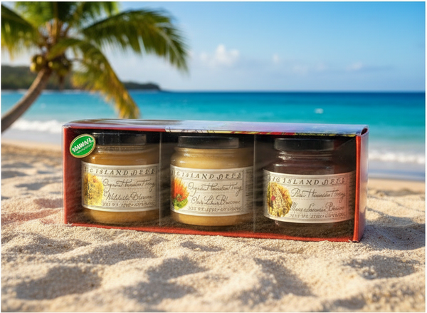 Big Island Bees Gourmet Hawaiian Raw Honey Gift Set - Single Floral Variety Sampler (Three 4.5 oz Glass Jars)