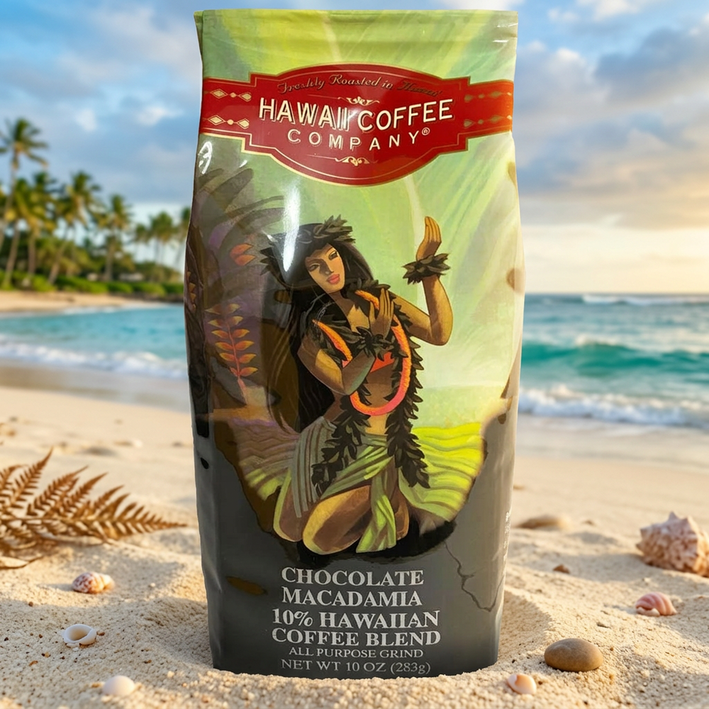 Hawaii Coffee Company Chocolate Macadamia Ground Coffee, 10% Hawaiian Blend, 10oz Bag