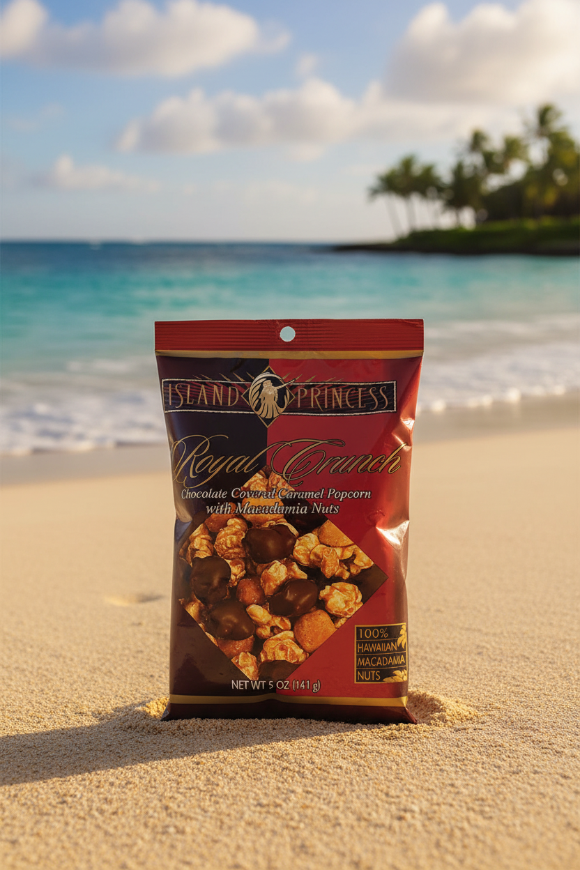 Island Princess Royal Crunch, Chocolate Covered Caramel Popcorn with Macadamia Nuts, 5 oz