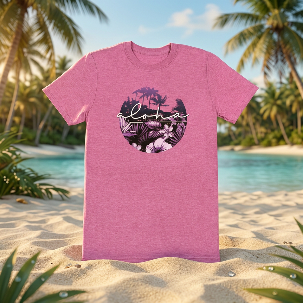 Aloha Scenic Lavender Crew Neck Tee, Hawaiian Floral Graphic, S-XXL