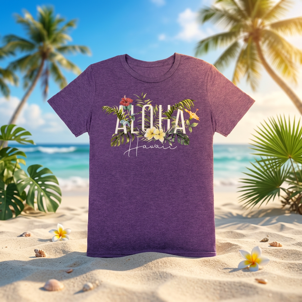 Aloha Hawaii Garden Crew Neck Tee, Preshrunk Cotton, Purple Heather