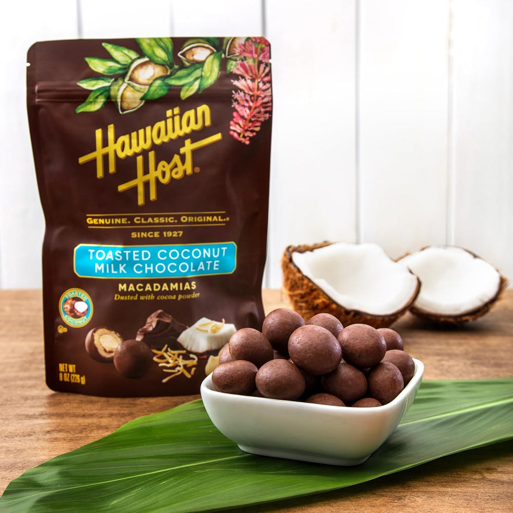 Hawaiian Host Paradise Collection - Toasted Coconut Milk Chocolate Macadamia Nuts, 8 Oz Bag