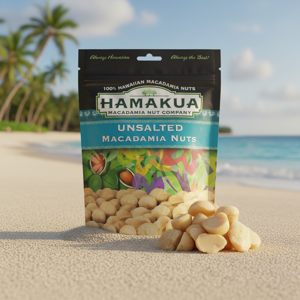 Hamakua Macadamia Nuts - Unsalted Dry Roasted Hawaiian Grown - Large Half & Whole Kernels (10 oz Pouch)