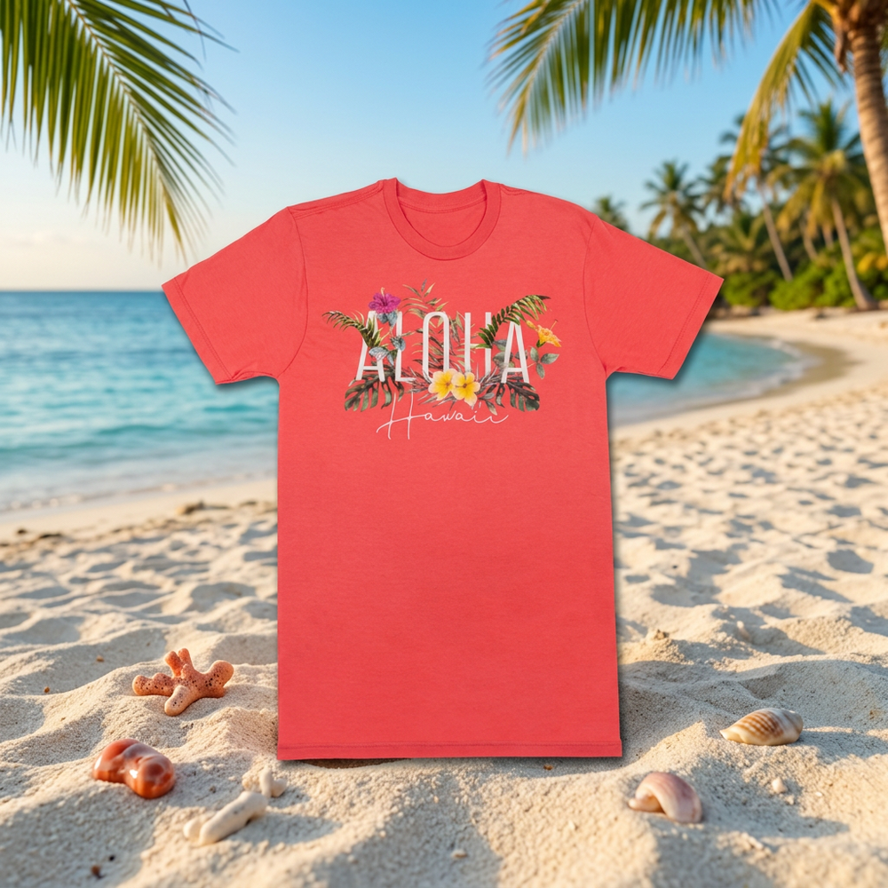 Aloha Hawaii Crew Neck Tee, Garden Coral Hibiscus, Ladies