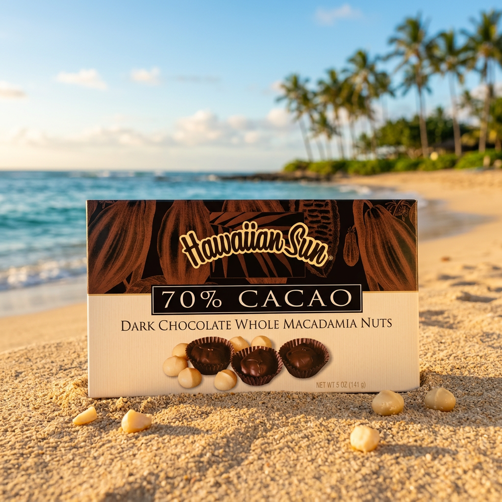 Hawaiian Sun 70% Cacao Dark Chocolate Whole Macadamia Nuts, 5 oz
