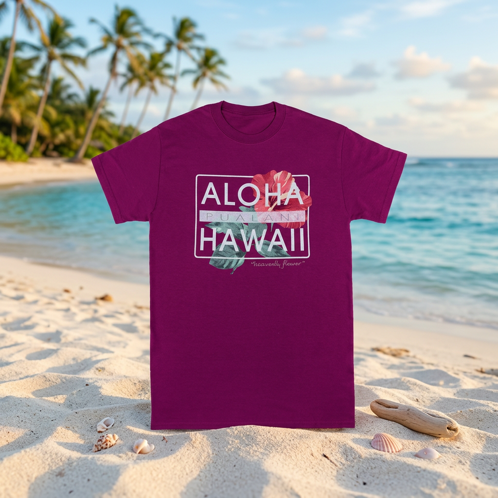Pualani Crew Neck Tee, Heavenly Hibiscus Design, Ladies Sizes S-XXL