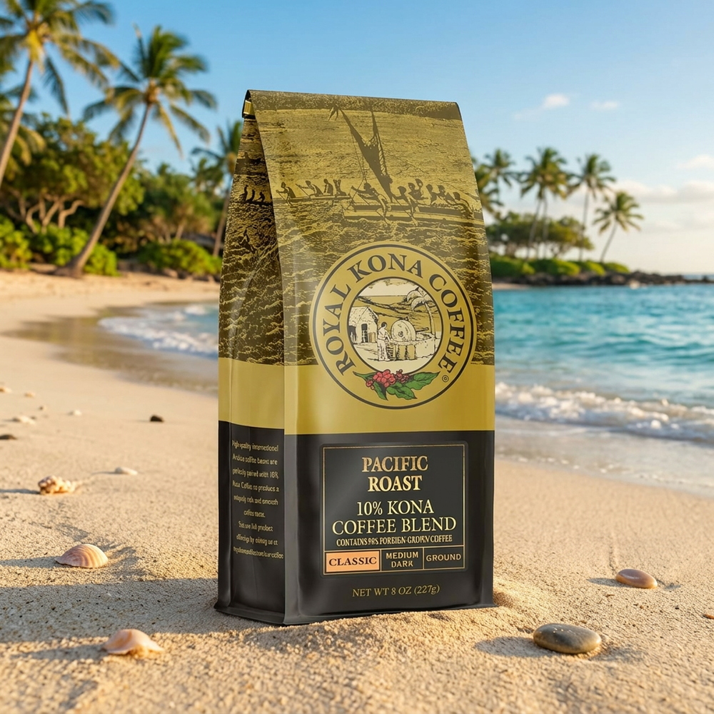 Royal Kona 10% Kona Coffee Blend, Classic Pacific Medium-Dark Roast, 8 oz