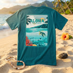 Ocean Inspired Hawaiian Sea Turtle Premium Crew Neck Tee, Ocean Teal, Adult Sizes S-XXL