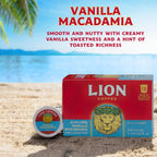 Lion Coffee Vanilla Macadamia Single-Serve Pods - Premium Island-Roasted Medium Roast - 12 Count Box